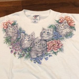 Vintage Jerzees Gray Cats Kitten Tee T-shirt Cat Lady 90’s Pink Flowers Size XL